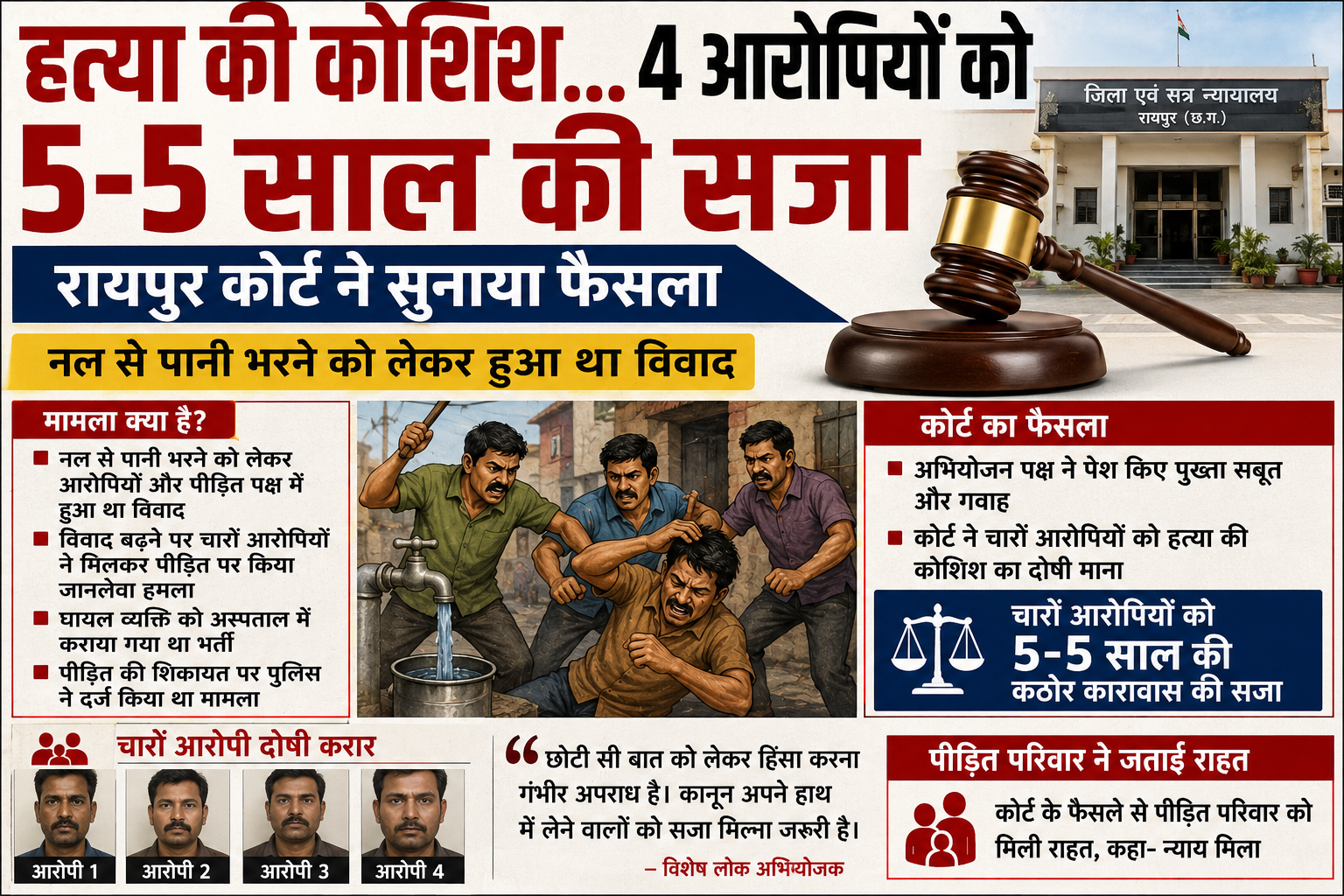 हत्या की कोशिश में 4 दोषियों को 5-5 साल की सजा, रायपुर कोर्ट का बड़ा फैसला