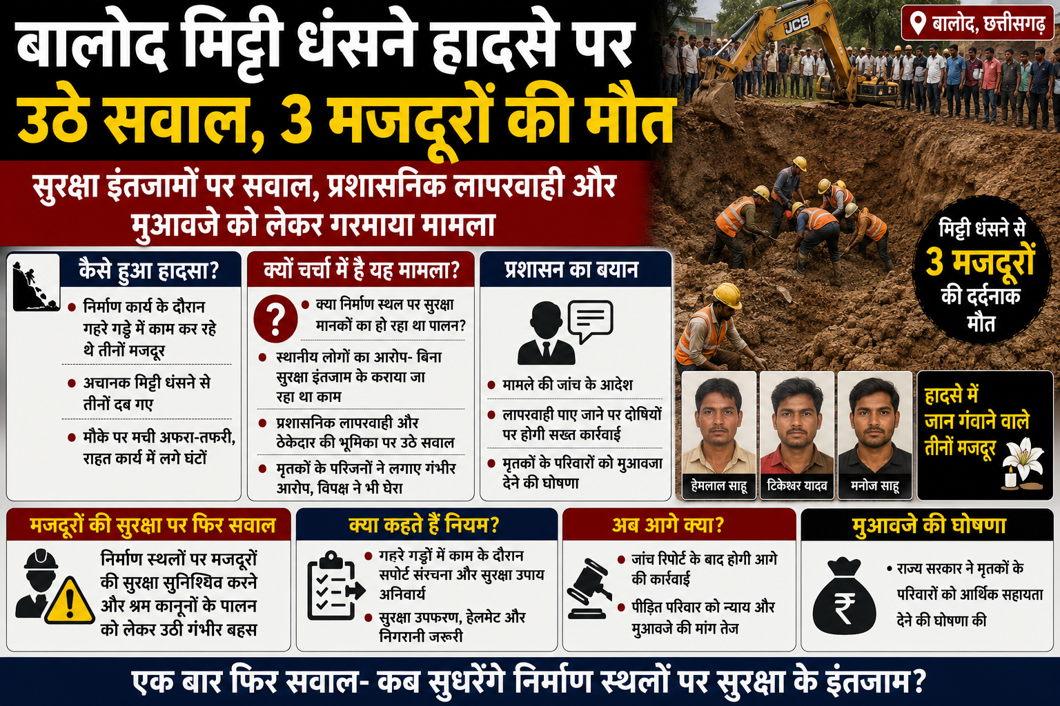बालोद मिट्टी धंसने हादसे पर उठे सवाल, 3 मजदूरों की मौत के बाद बढ़ी चर्चा