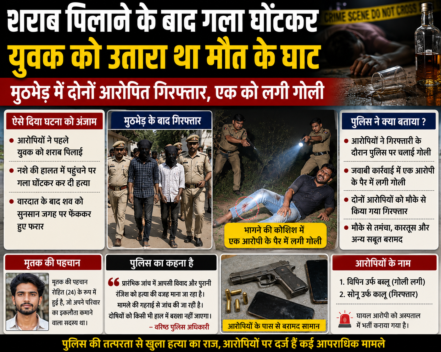 शराब पिलाने के बाद युवक की हत्या, पुलिस मुठभेड़ में 2 आरोपी गिरफ्तार