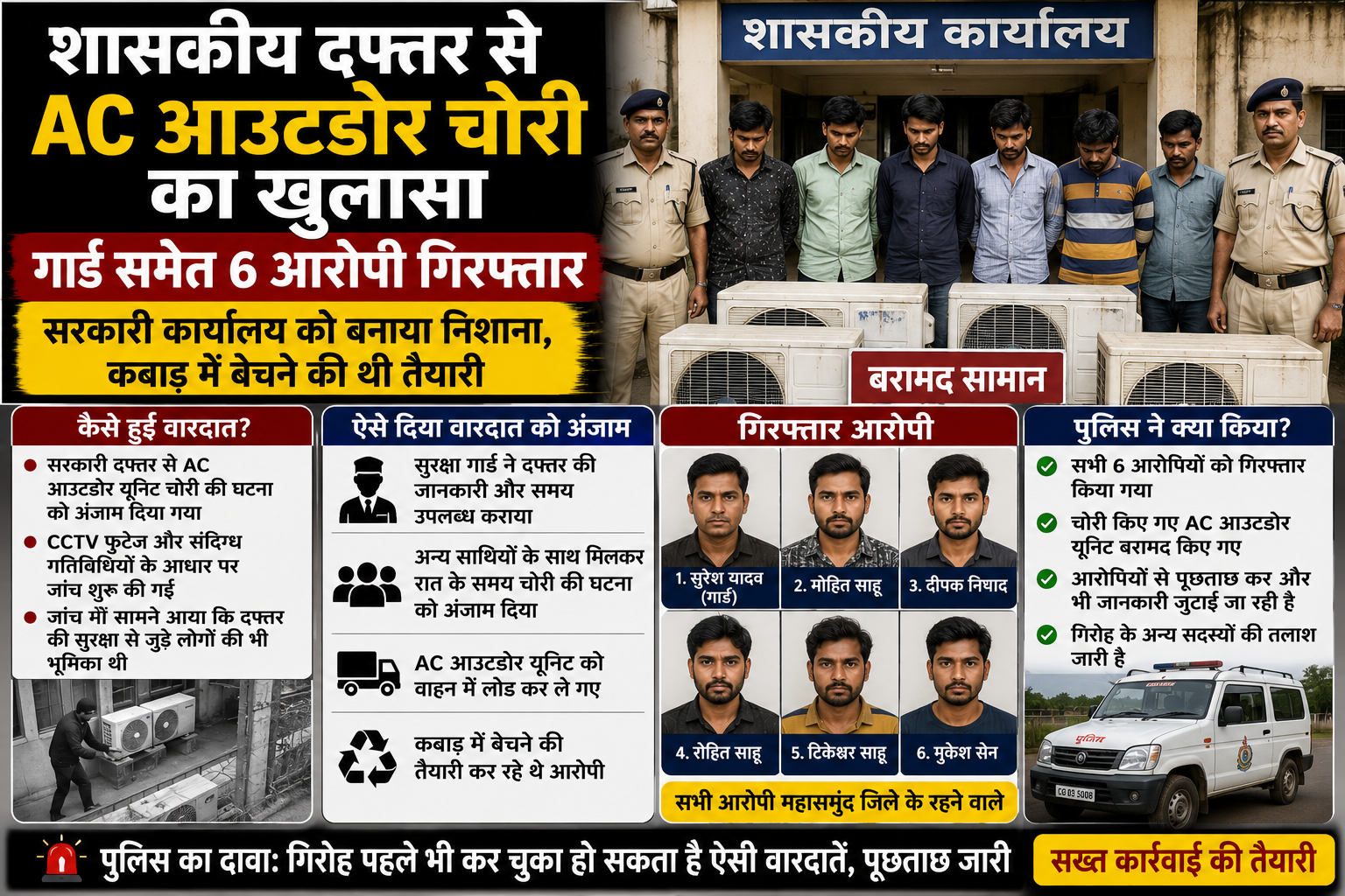 शासकीय दफ्तर से AC आउटडोर चोरी का खुलासा, गार्ड समेत 6 आरोपी गिरफ्तार